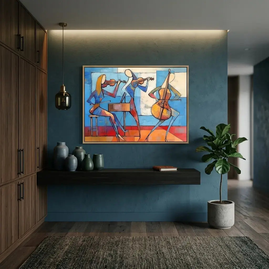 Modern interior with a colorful abstract painting on a blue wall, wooden cabinet, and potted plant.