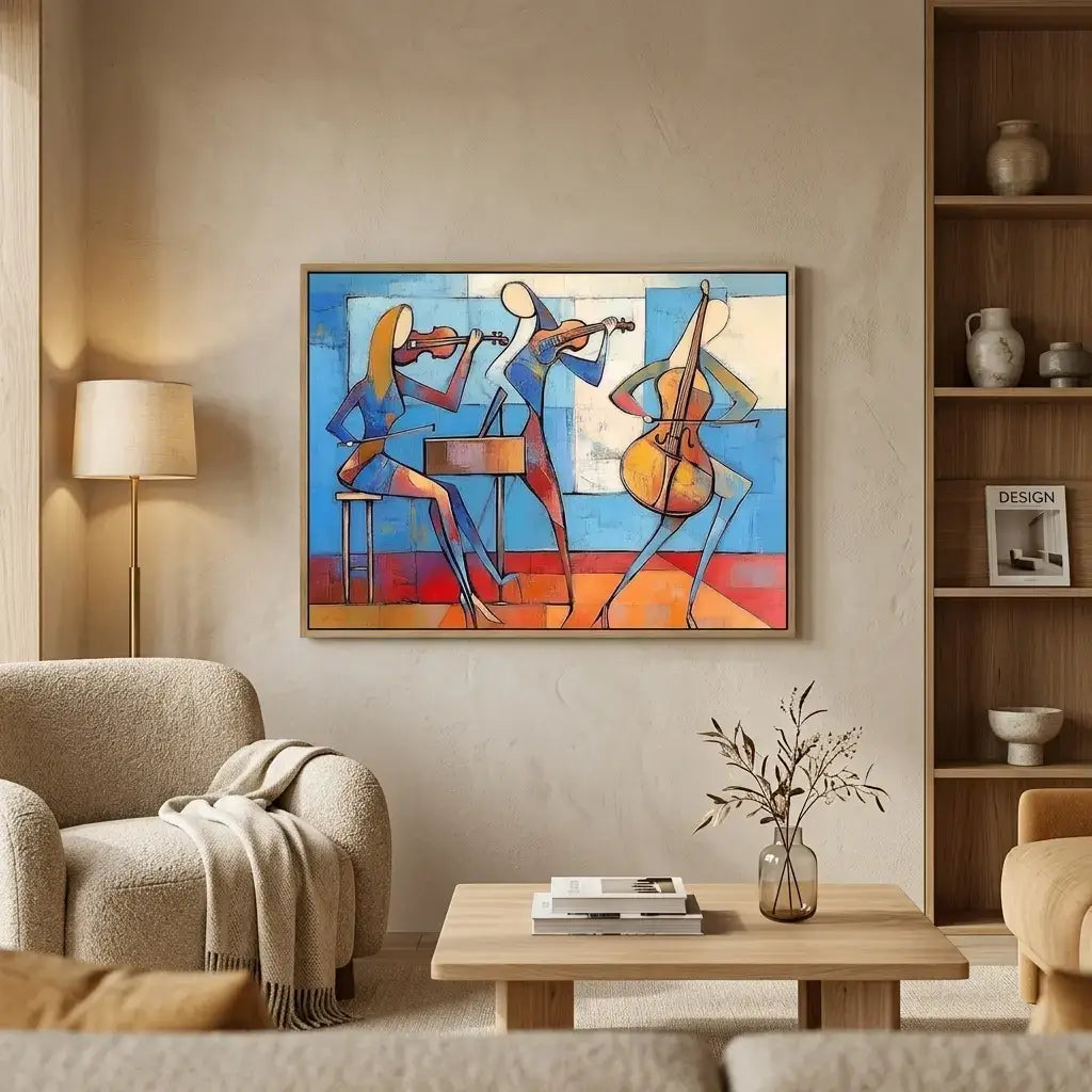 Living room with a colorful abstract painting of musicians, a lamp, and a bookshelf.