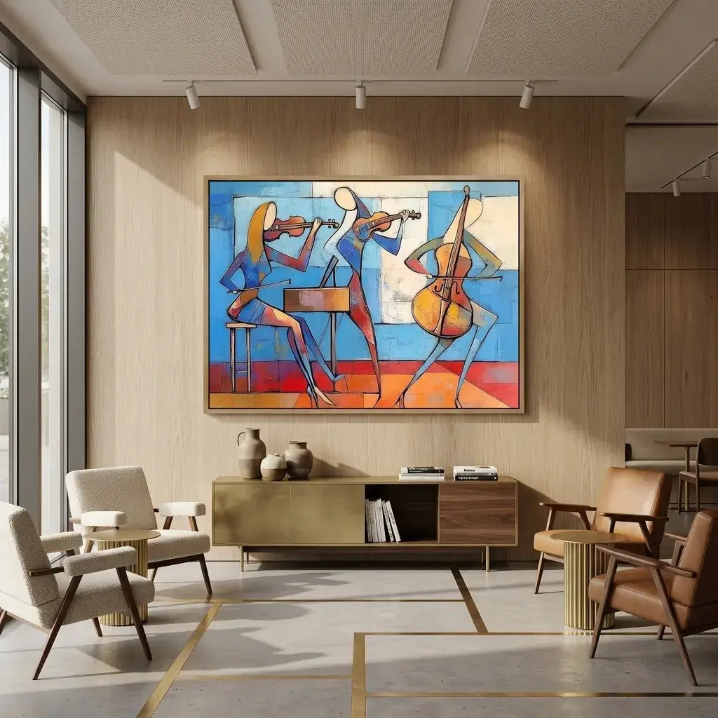Modern living room with abstract painting of musicians on a wall