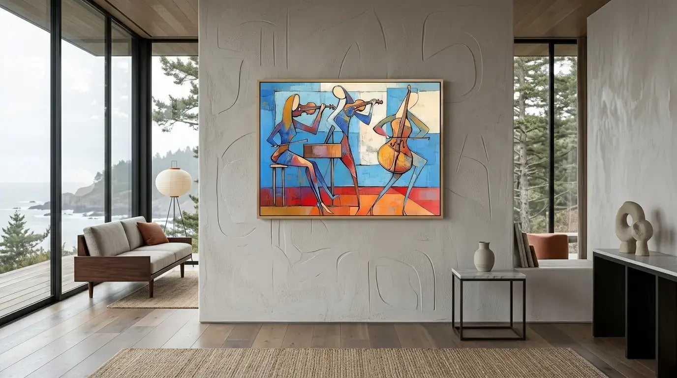 Modern living room with a colorful abstract painting on the wall