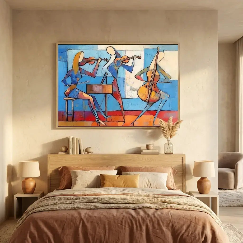 Colorful abstract painting of musicians above a bed in a bedroom.