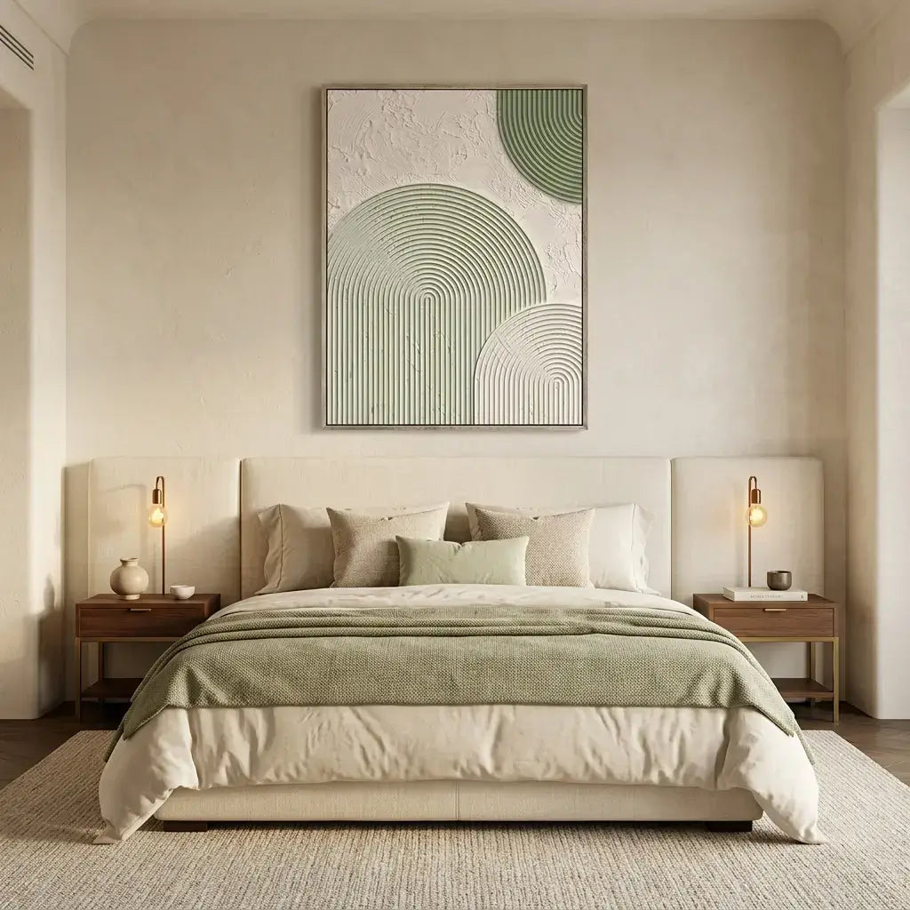 Modern bedroom with a bed, nightstands, and abstract wall art.