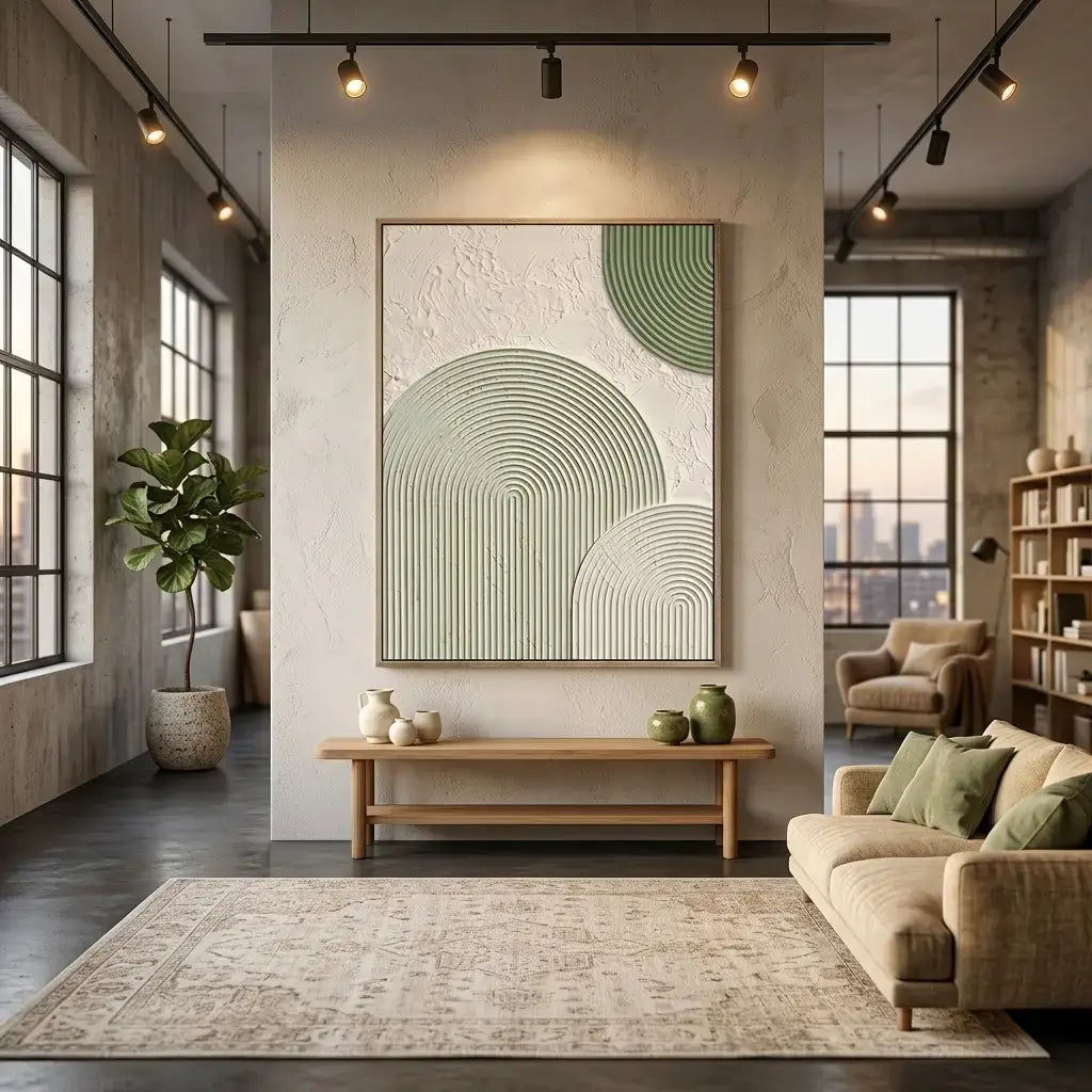 Modern living room with abstract green and beige artwork on the wall, a sofa, and decorative items.