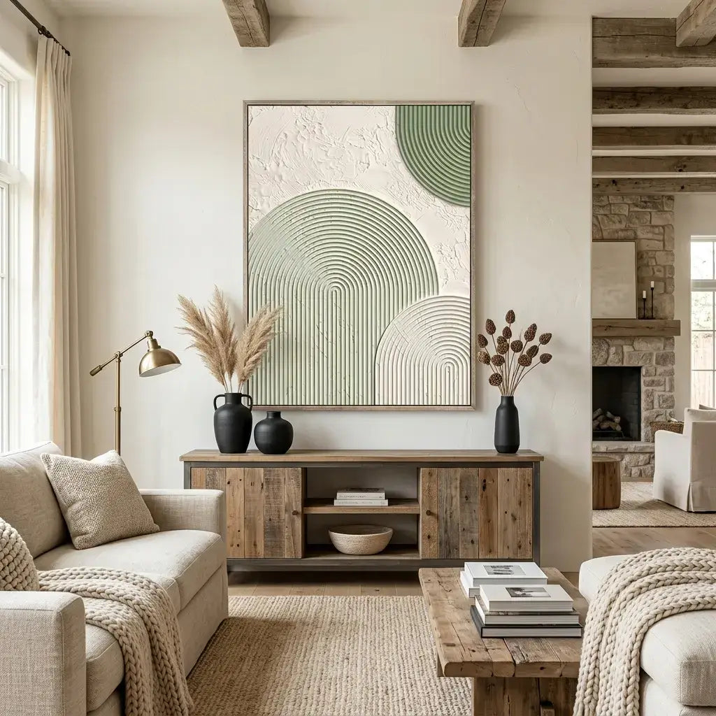 Living room with neutral tones, wooden furniture, and decorative elements.
