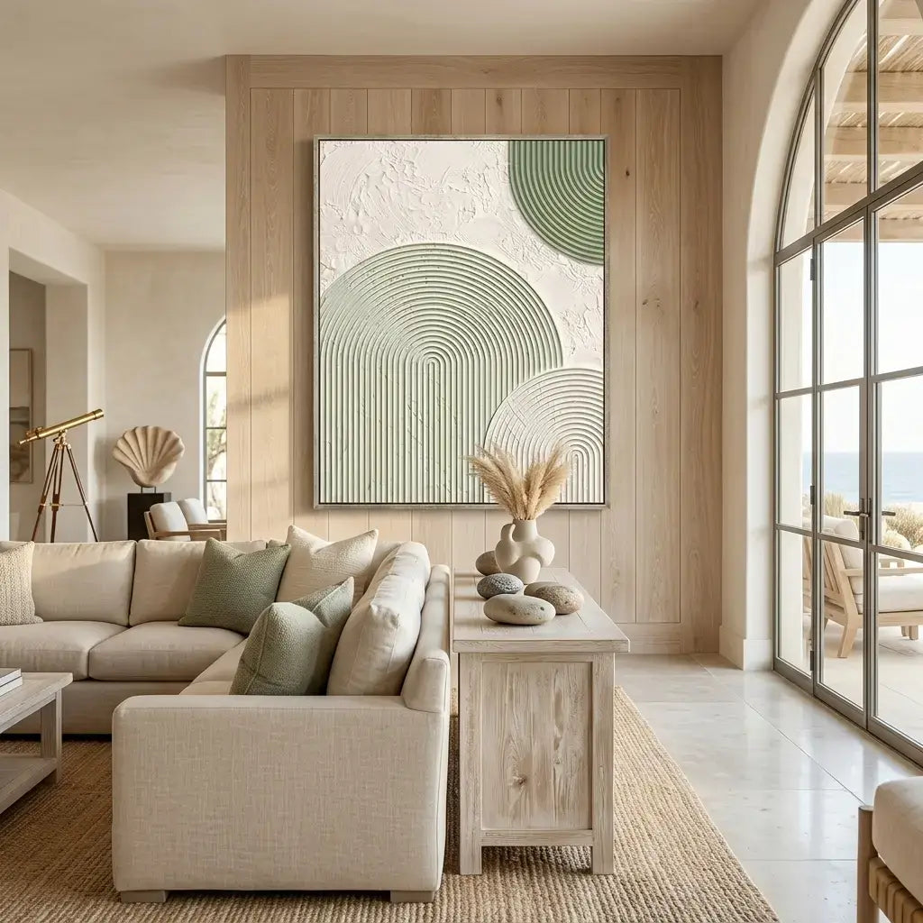 Modern living room with a beige sectional sofa, abstract wall art, and decorative elements.