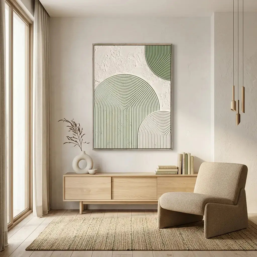 Modern living room with a abstract green and white wall art, wooden cabinet, and beige armchair.