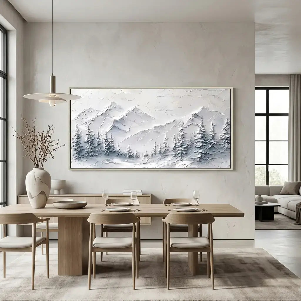 Modern dining room with a large abstract mountain painting on the wall.
