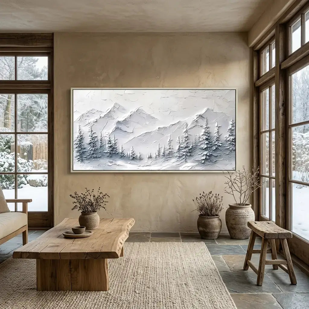 Living room with a large mountain landscape painting on the wall, wooden coffee table, and potted plants.