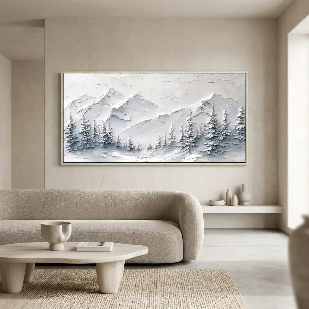 Modern living room with a large abstract mountain painting on the wall.