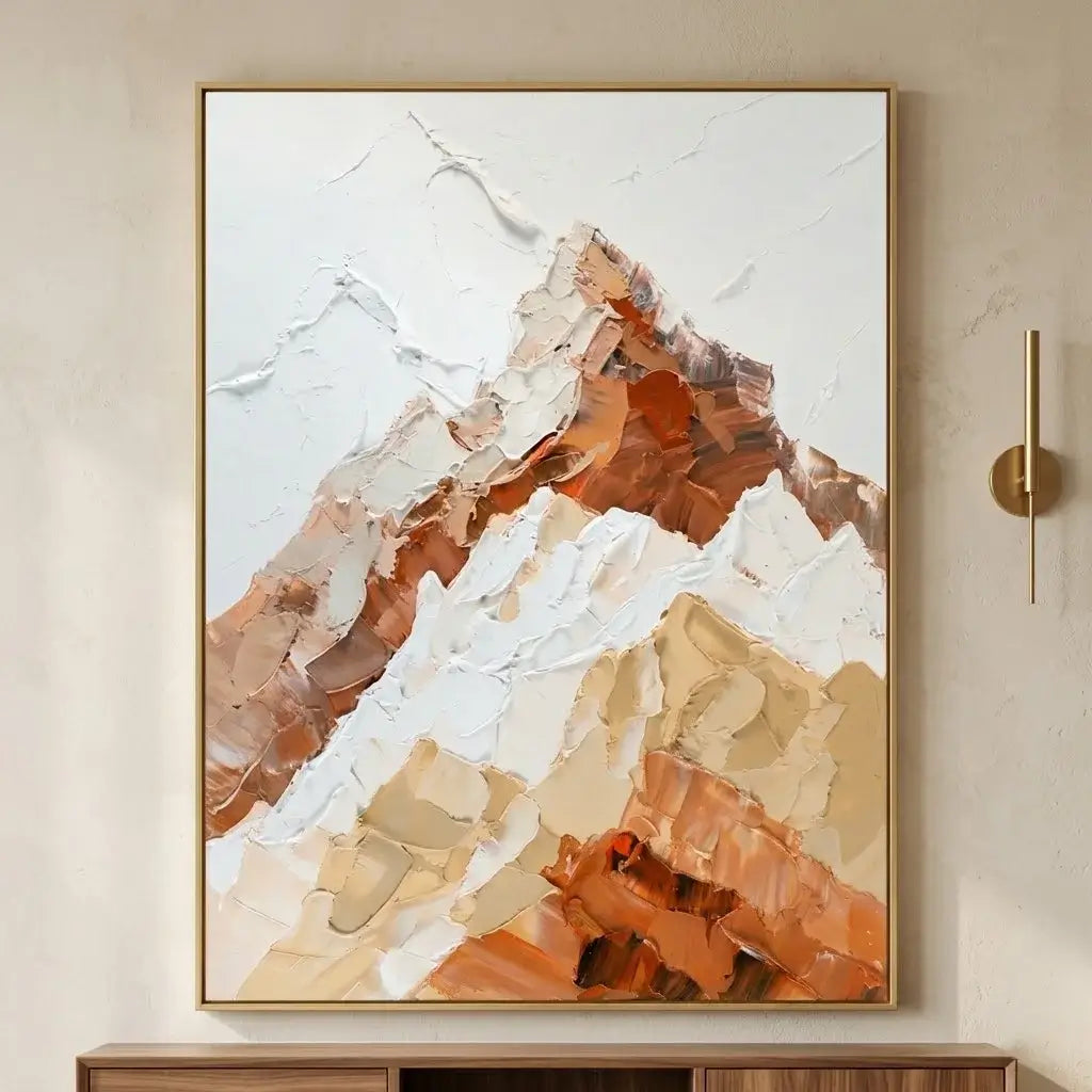 Abstract art piece on a wall in a bedroom setting