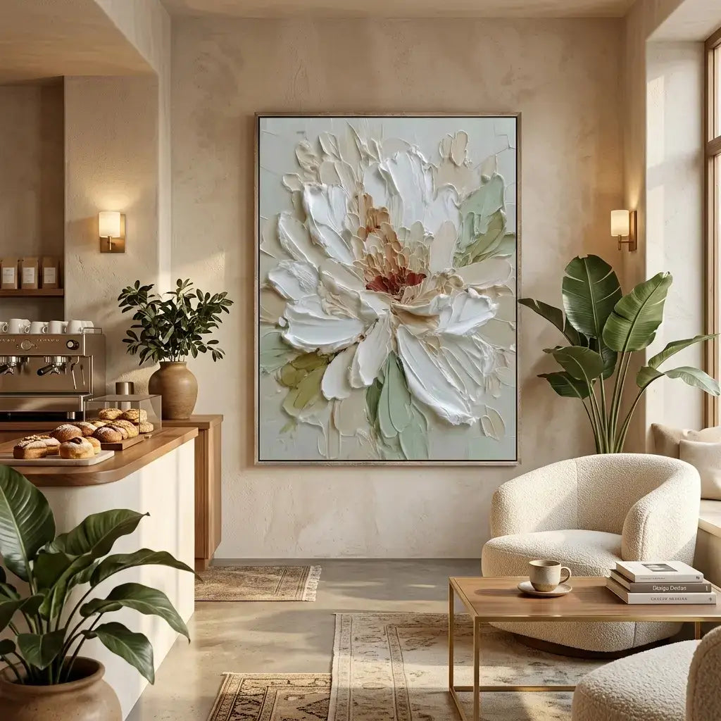 Modern living room with a large floral painting on the wall, a beige armchair, and a coffee table.
