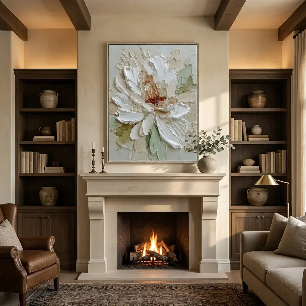 Cozy living room with fireplace, bookshelves, and floral artwork.