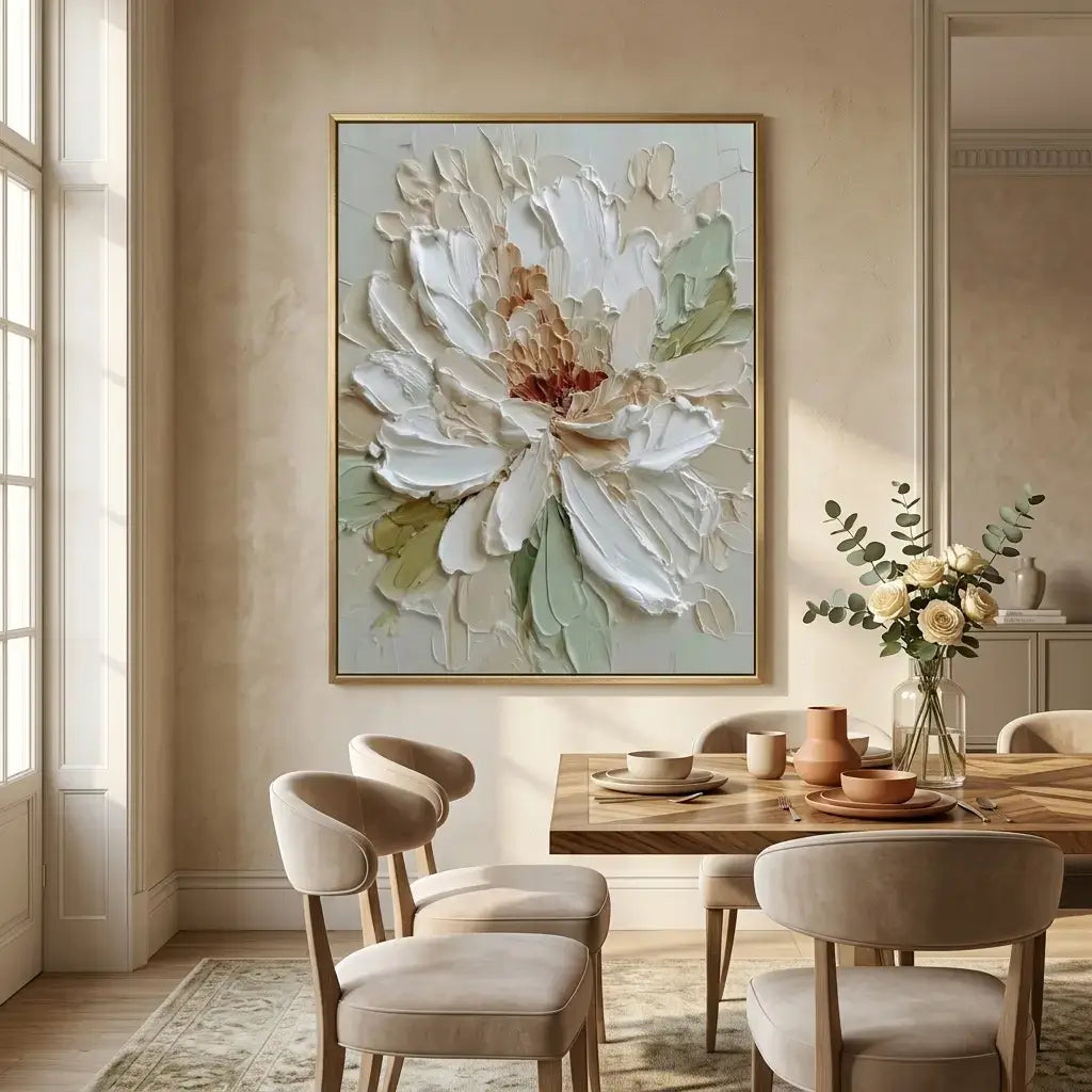 Dining room with a large floral painting on the wall and a table with flowers.