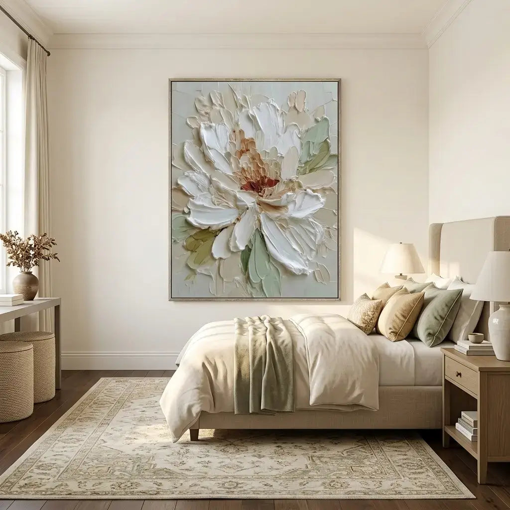 Neatly made bed in a bedroom with floral artwork on the wall.