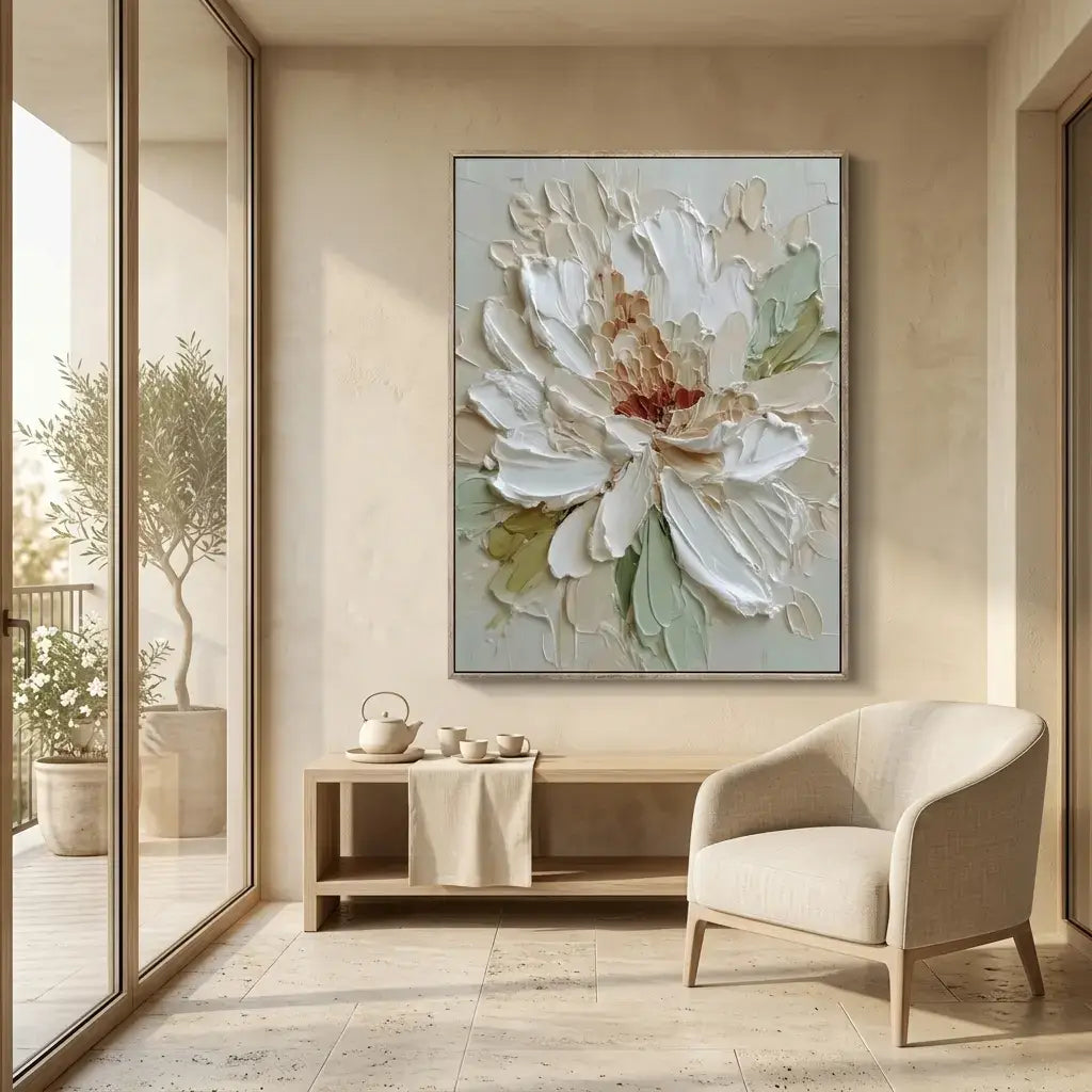 Modern interior with a large floral painting on the wall, a chair, and a small table.