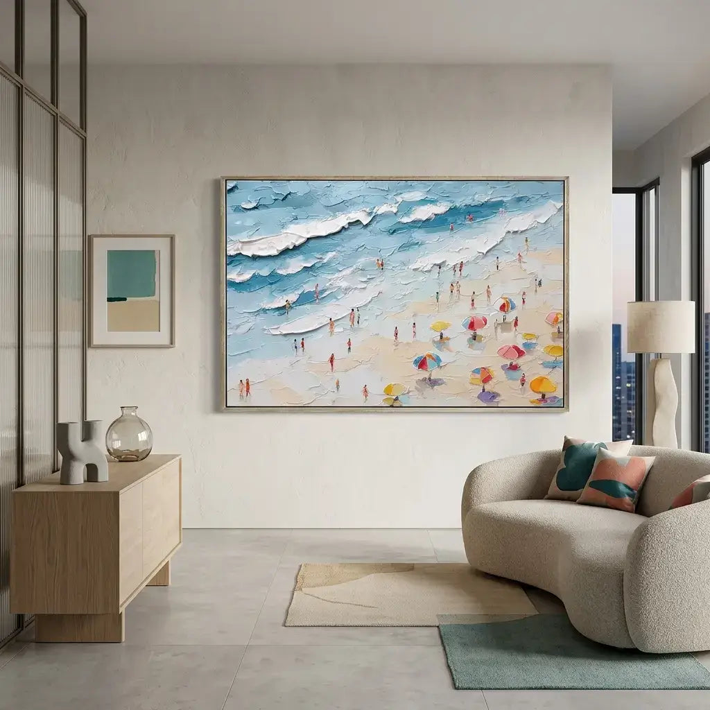 Living room with a large abstract beach painting on the wall, a beige sofa with colorful cushions, and a wooden side table.