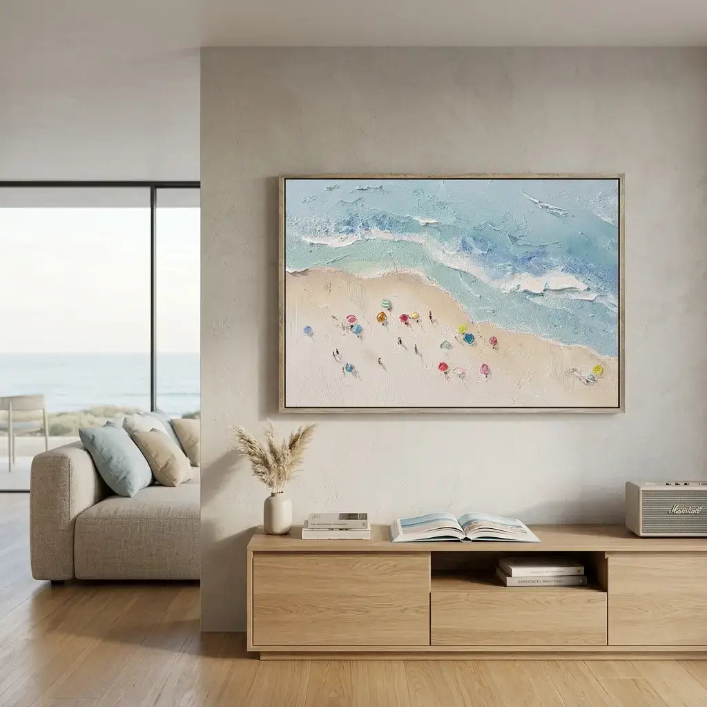 Living room with a large abstract painting on the wall, a sofa, and a coffee table.