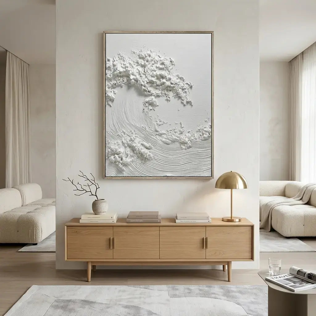 Modern living room with a wooden sideboard, abstract wall art, and a lamp.