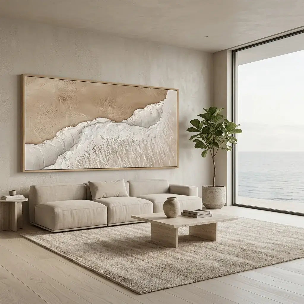 Modern living room with a large abstract painting, sofa, and coffee table.