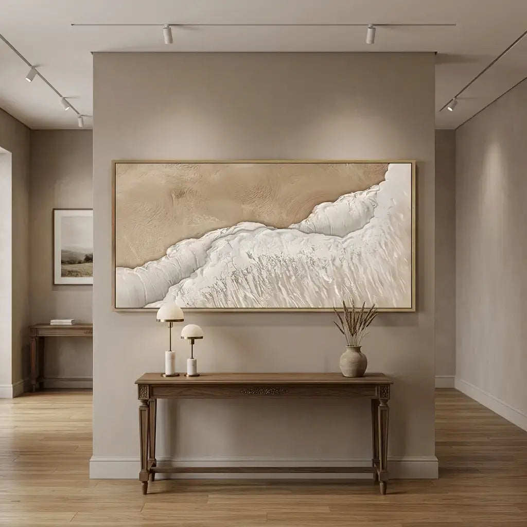 Modern interior with a large abstract painting on a wall, wooden console table, and decorative items.