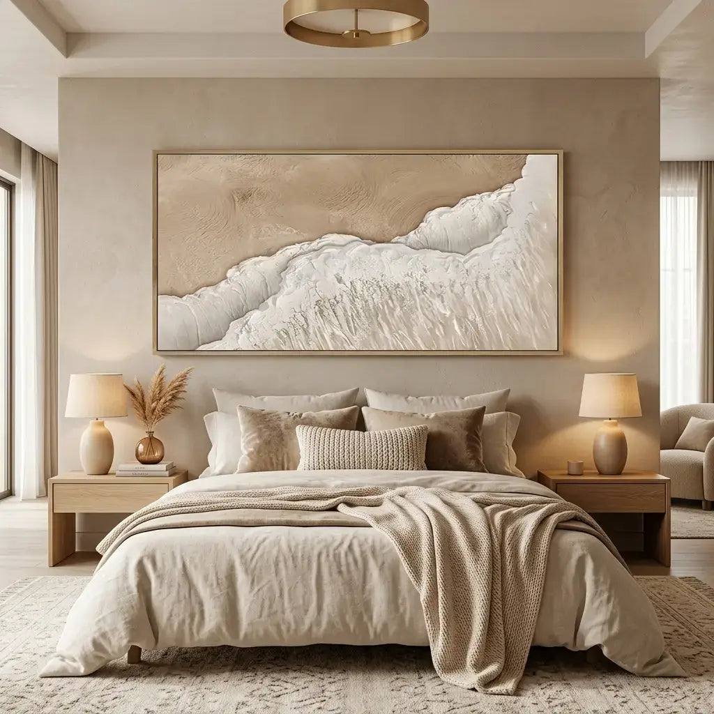 Neatly made bed in a bedroom with a large abstract painting on the wall.