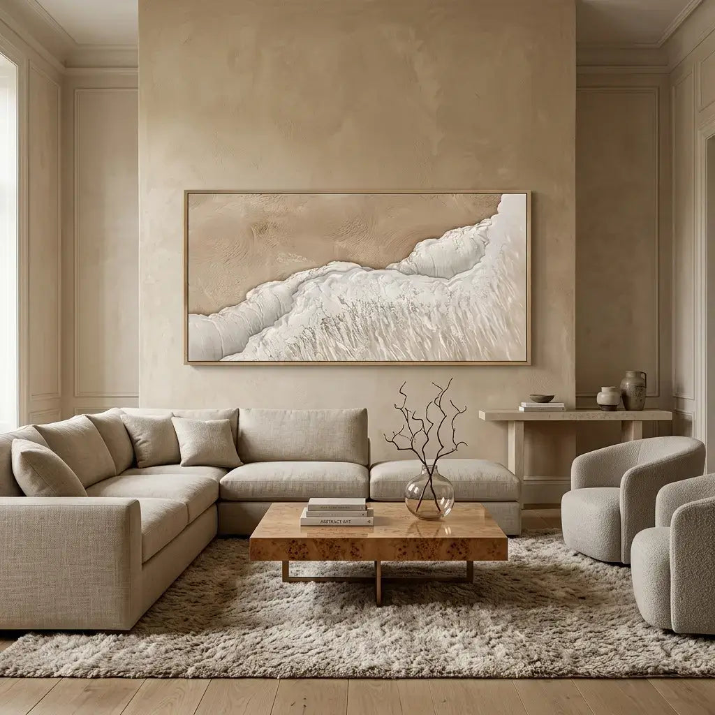 Modern living room with beige sectional sofa, wooden coffee table, and abstract wall art.