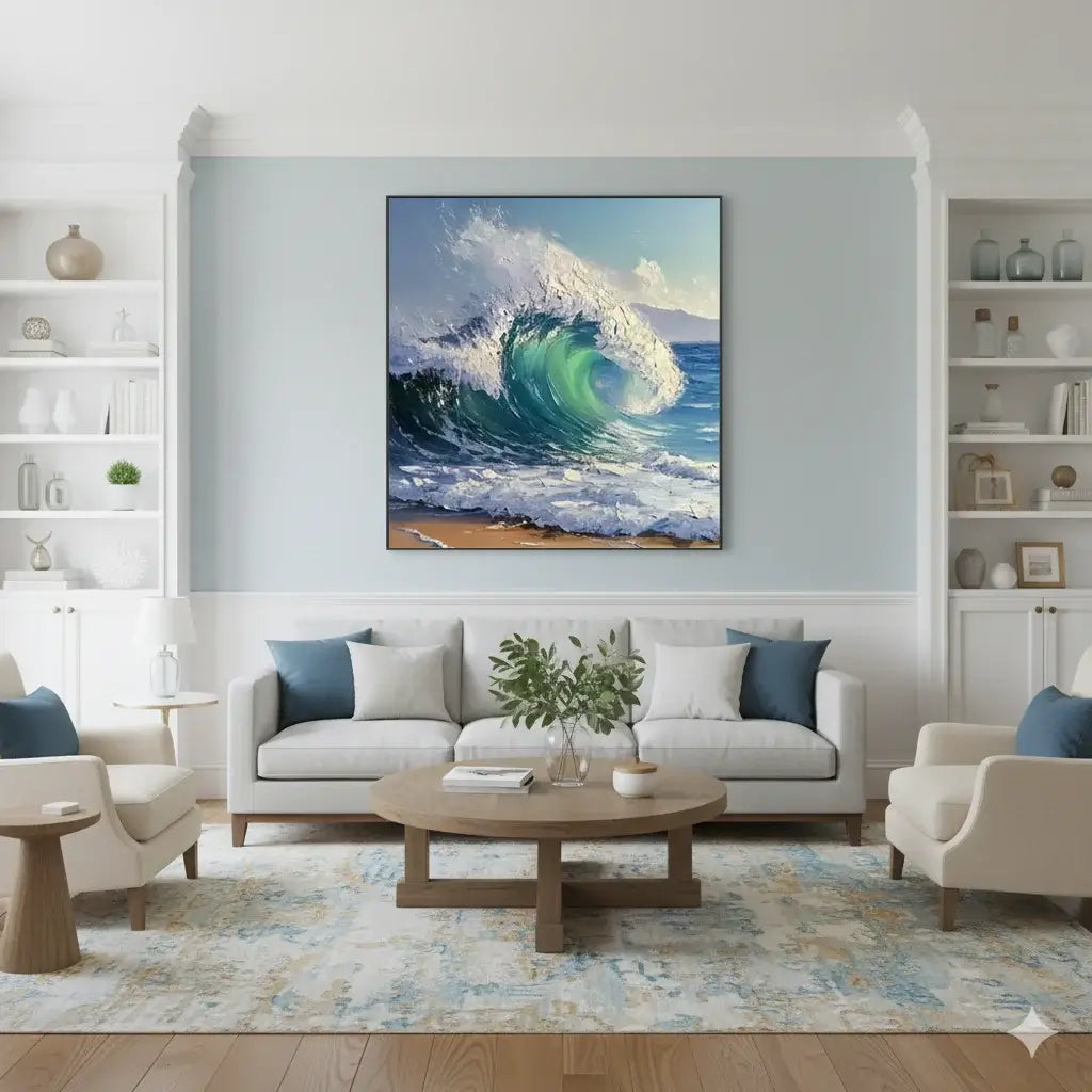 Living room with a large wave painting on the wall, white sofa, and wooden coffee table.