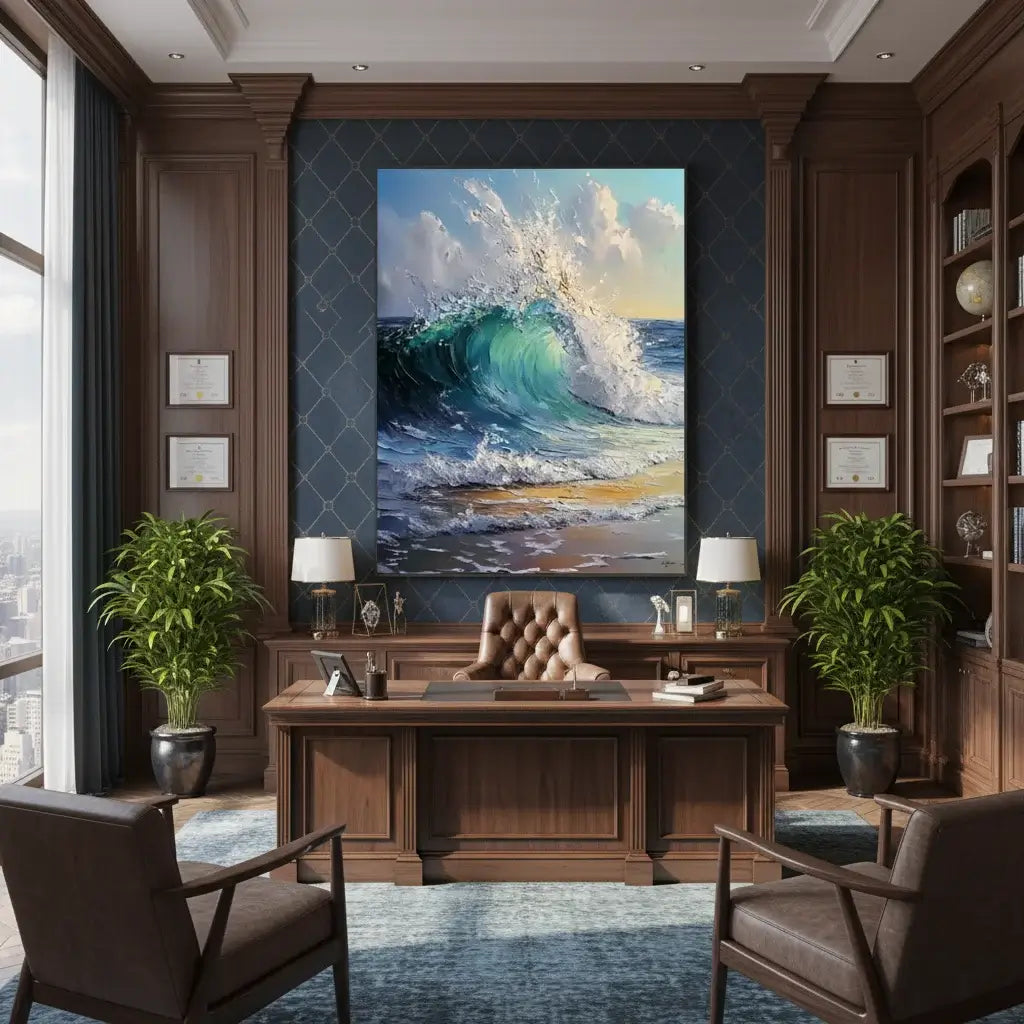 Luxurious office with wooden furniture, large wave painting, and decorative elements.
