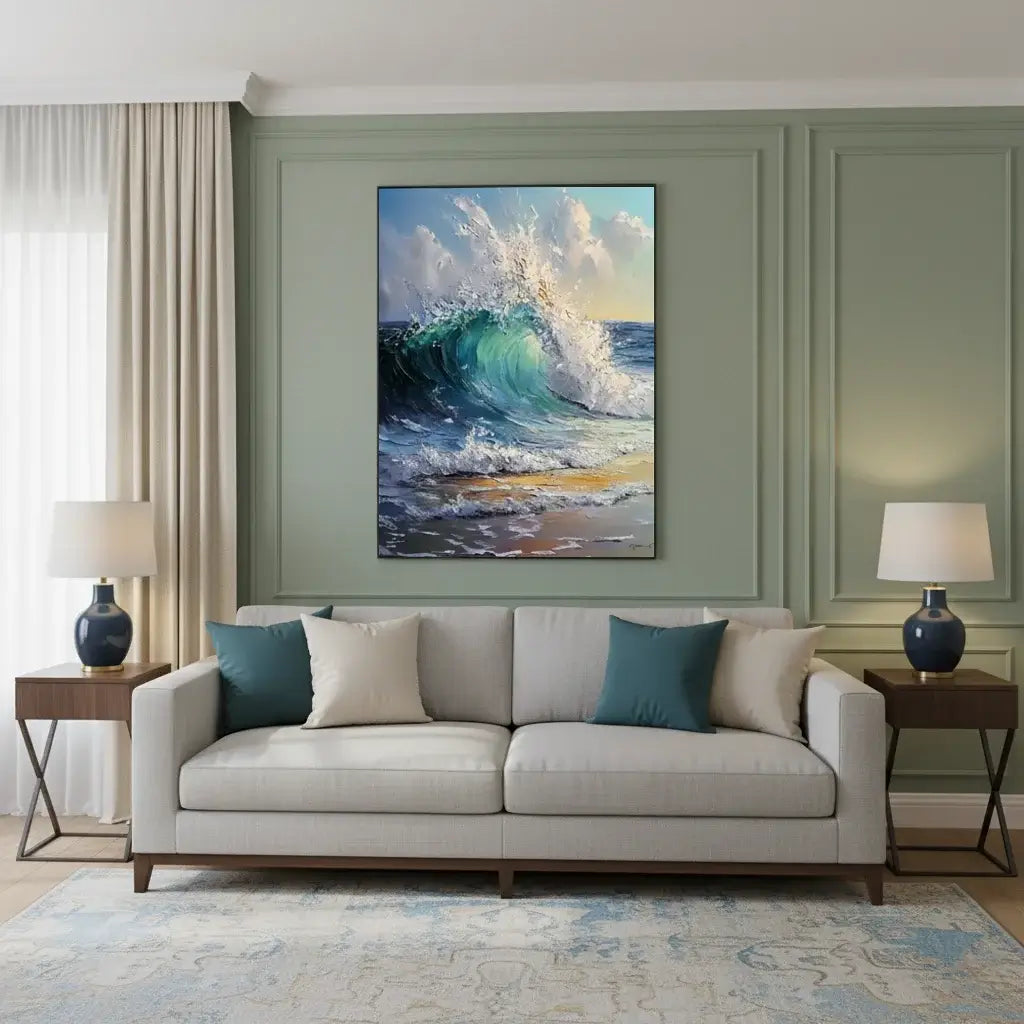 Living room with a gray sofa, side tables, and a large wave painting on the wall.
