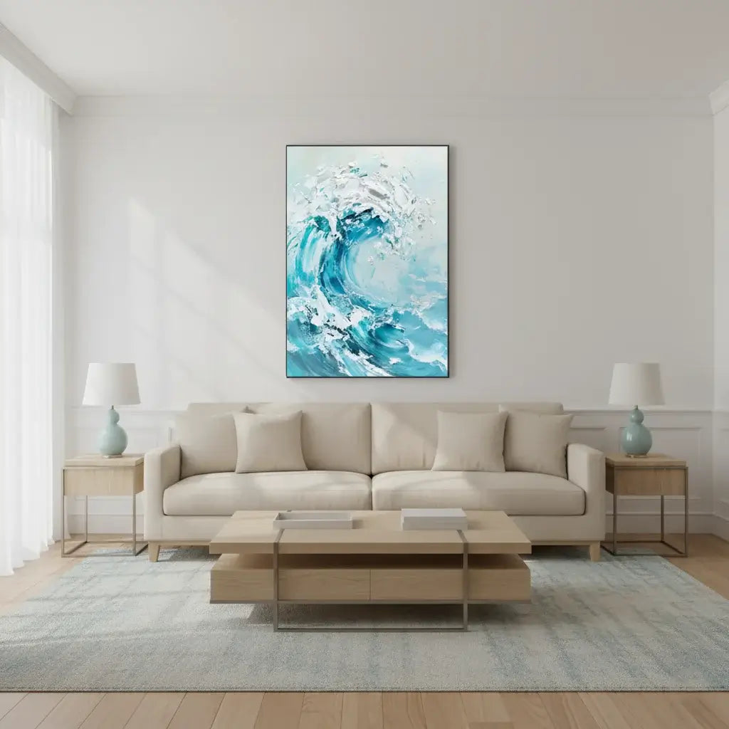 Modern living room with a beige sofa, wooden coffee table, and abstract wave painting on the wall.