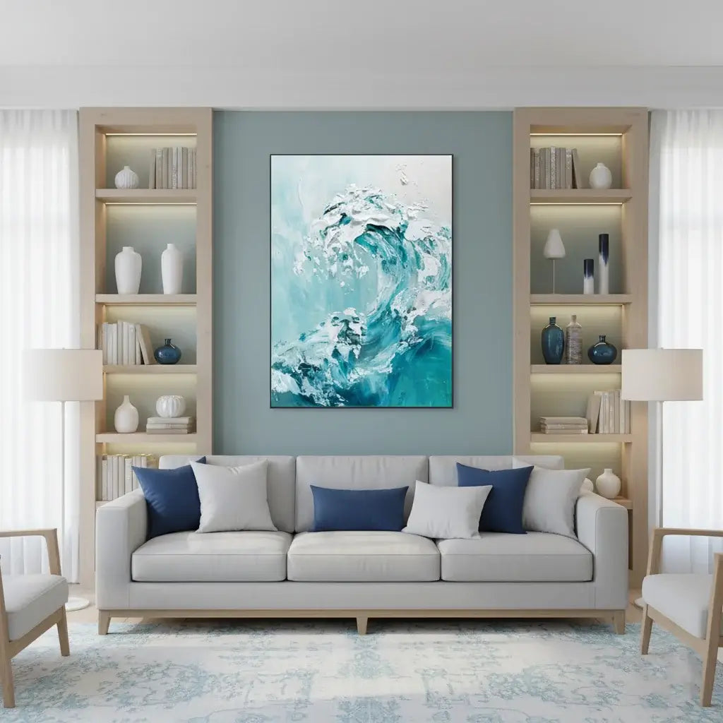Living room with a gray sofa, blue and white pillows, and a large abstract painting on the wall.