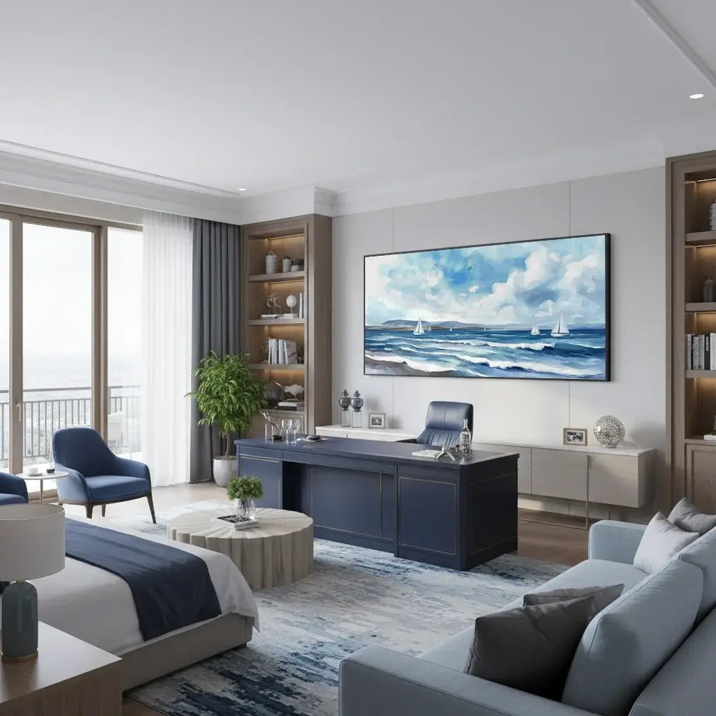 Modern living room with a large oil painting of the ocean, bookshelves, and comfortable furniture.