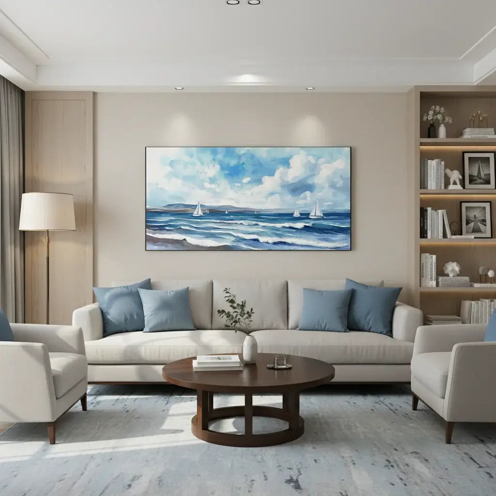 Modern living room with a large seascape oil painting, beige sofa with blue pillows, and wooden coffee table.