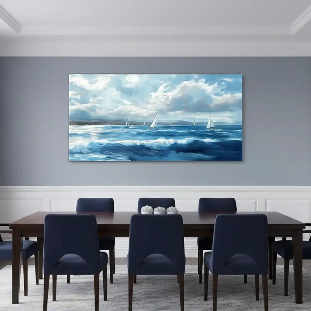 Dining room with a large wall-mounted painting of sailboats on a blue ocean.