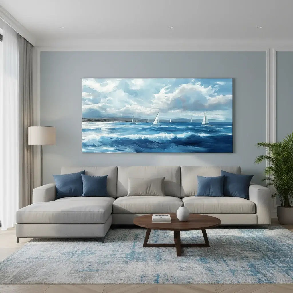 Living room with a large sofa, coffee table, and wall art of sailboats on water.