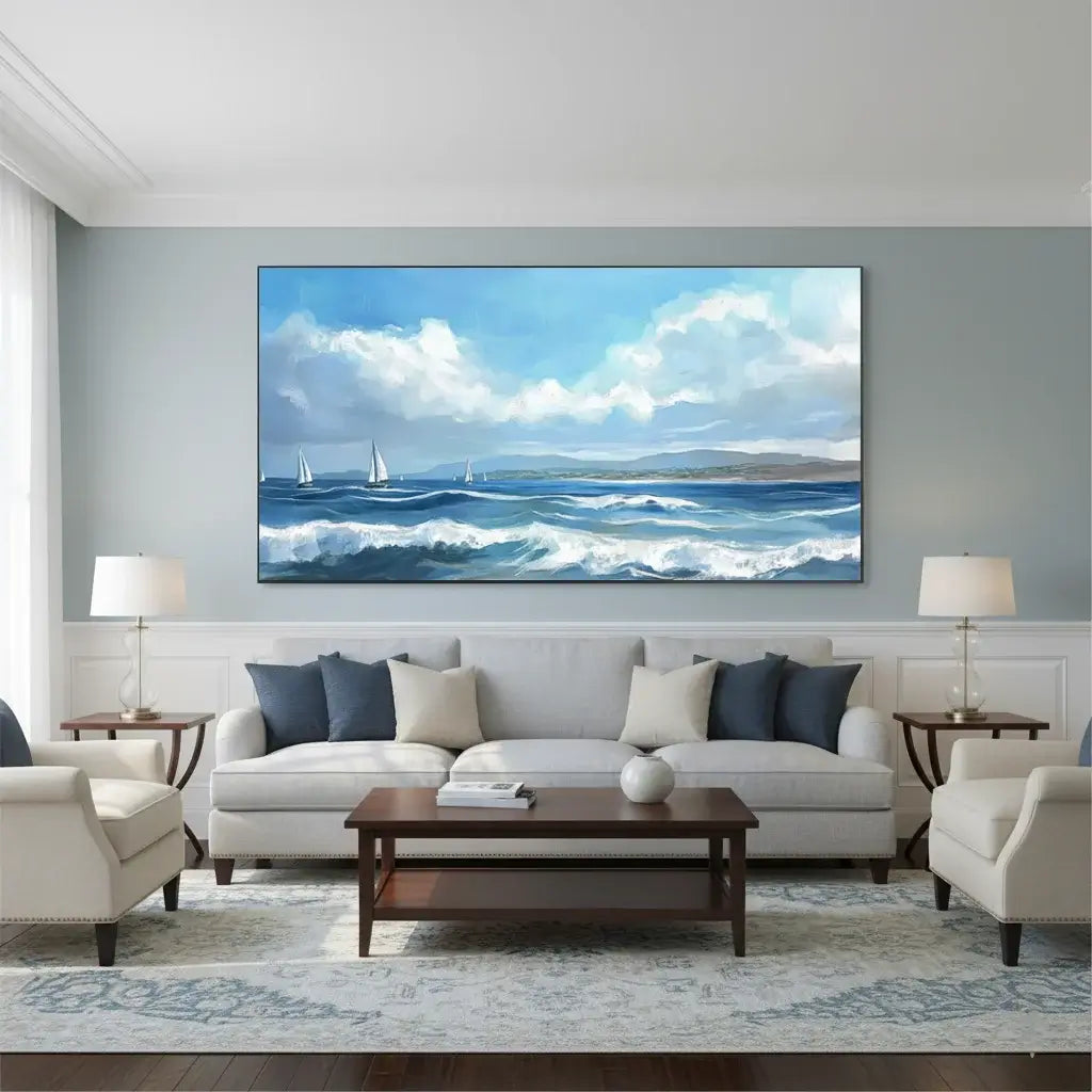Living room with a large wall art depicting a seascape with sailboats.