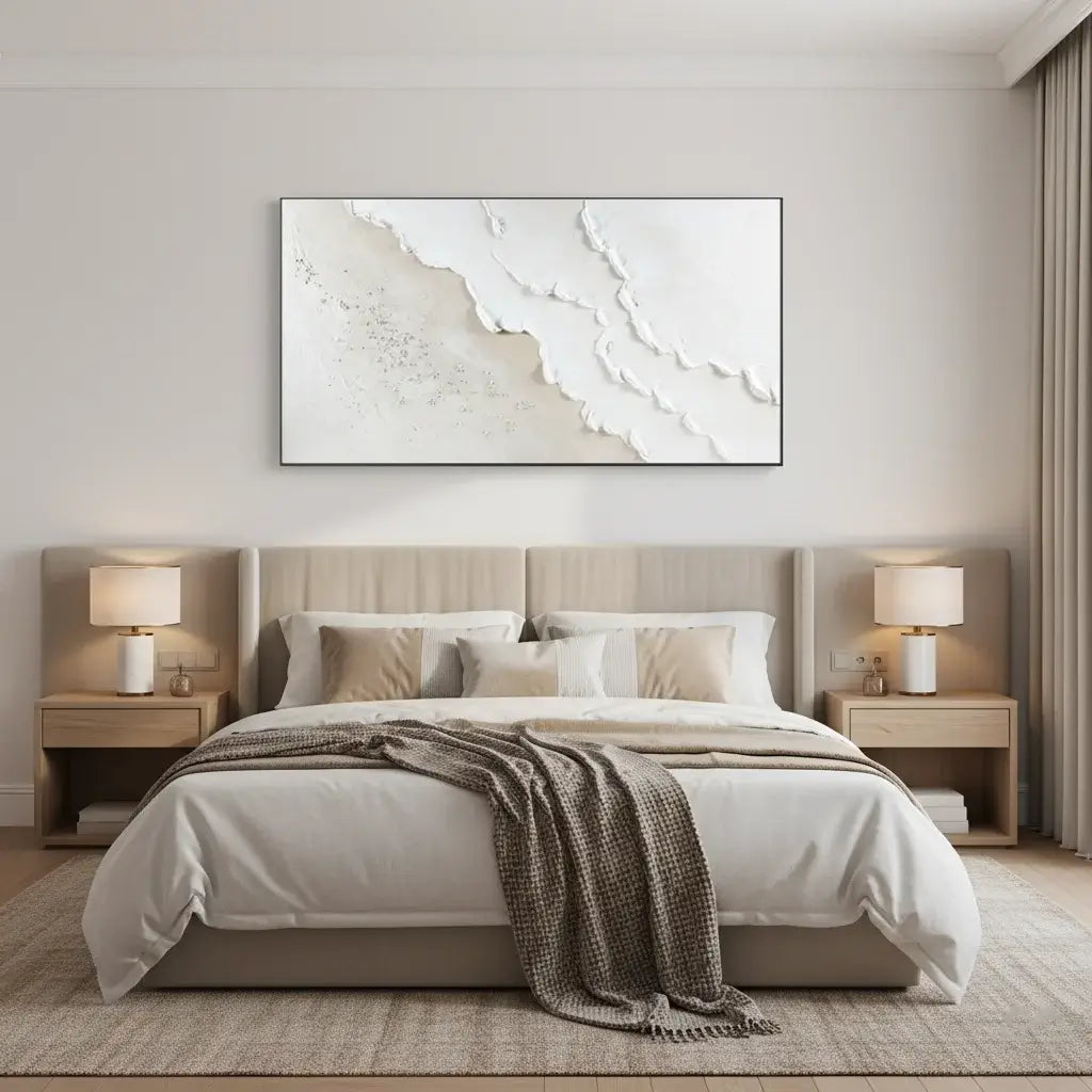 Modern bedroom with a large abstract painting above the bed