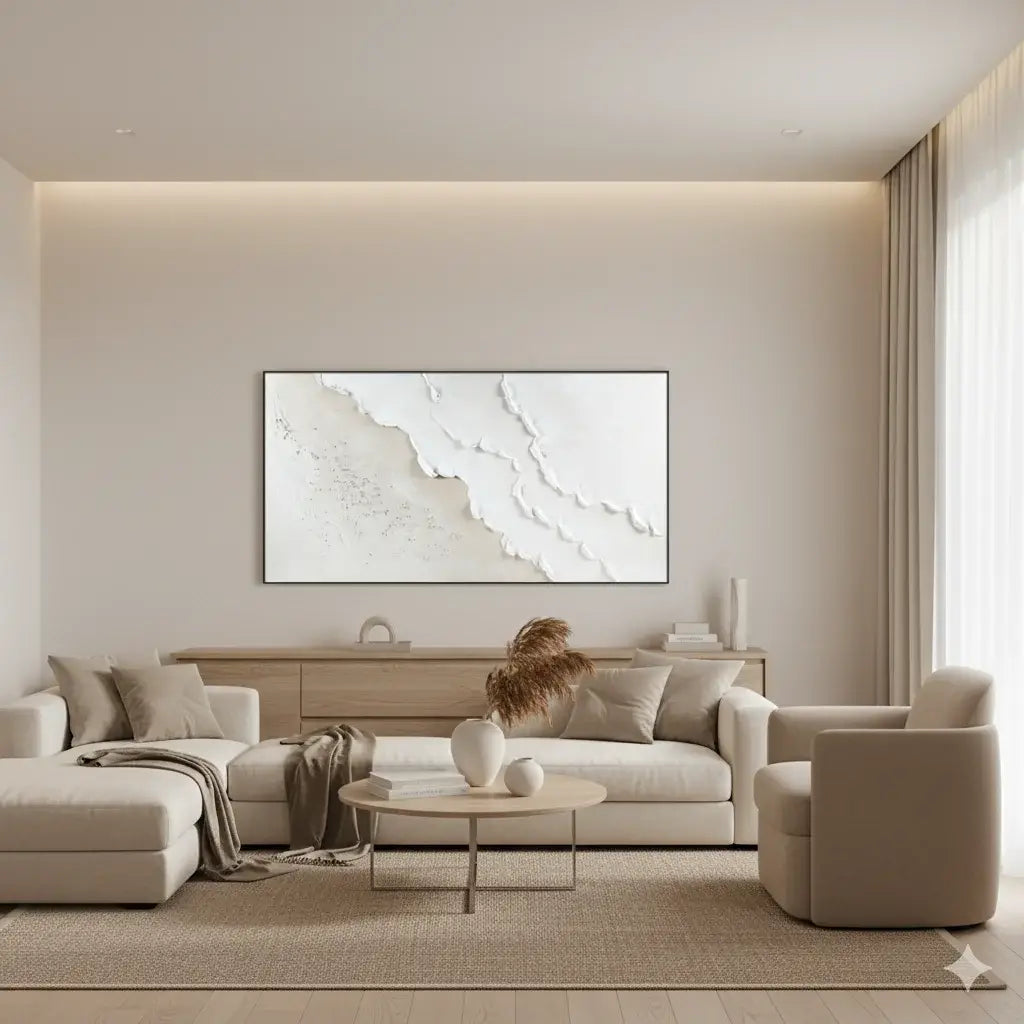 Modern living room with neutral artwork