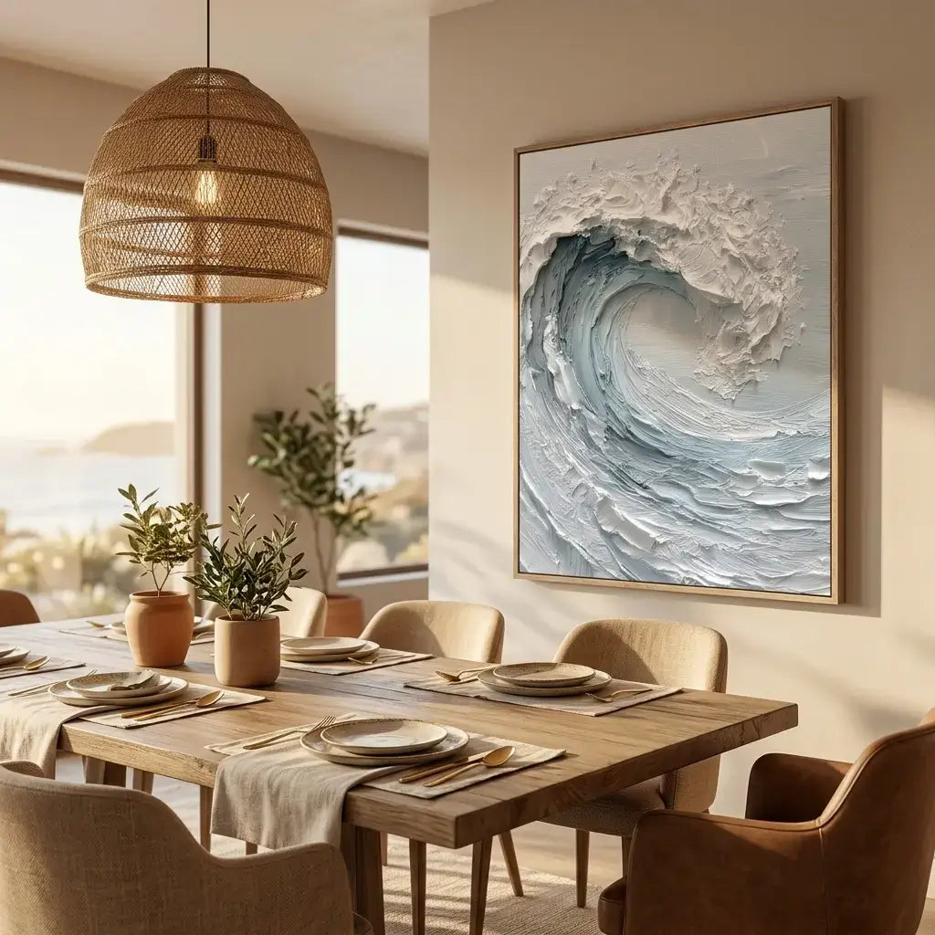 Dining room with a wooden table, chairs, and a large wave painting on the wall.