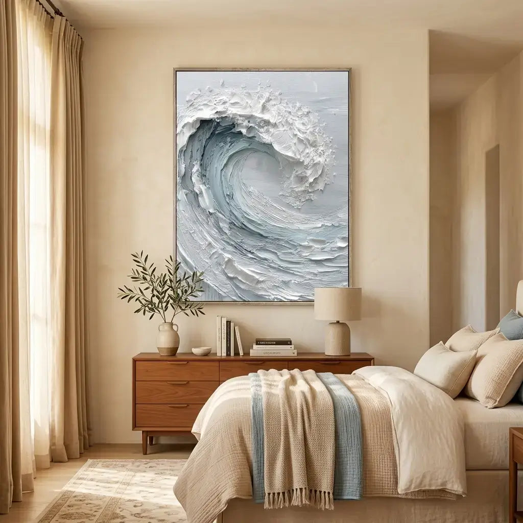 Modern bedroom with a large abstract wave painting on the wall.