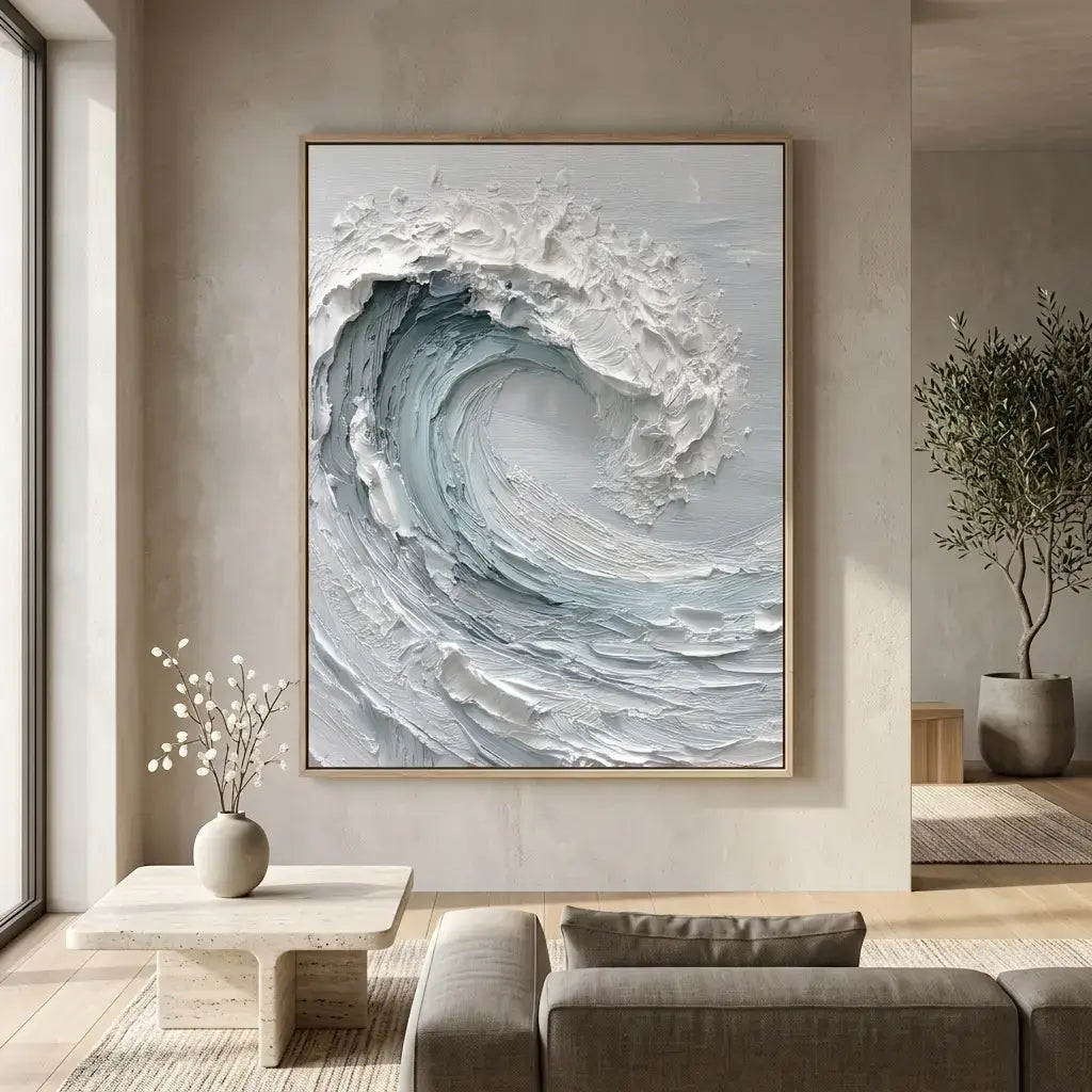 Abstract wave painting in a modern living room setting