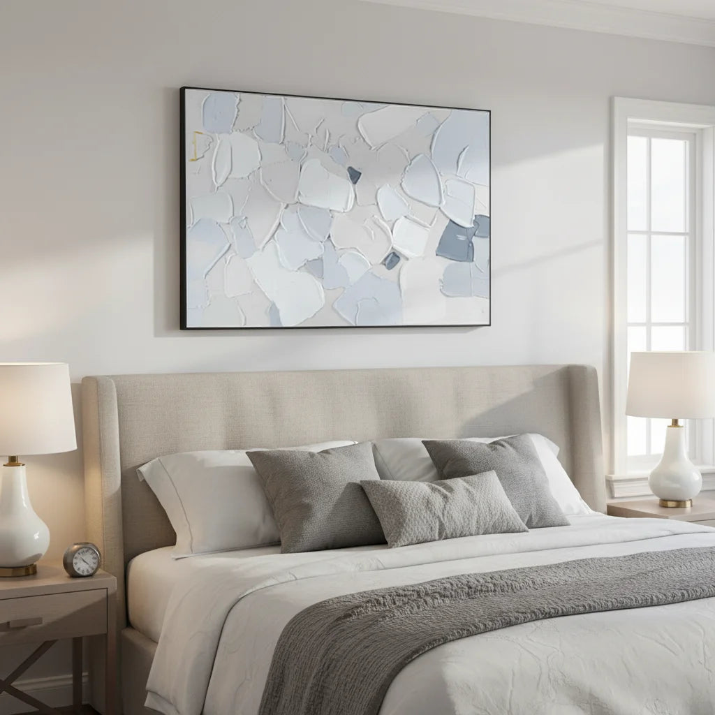 Neatly made bed with gray bedding in a bedroom setting, featuring abstract wall art.