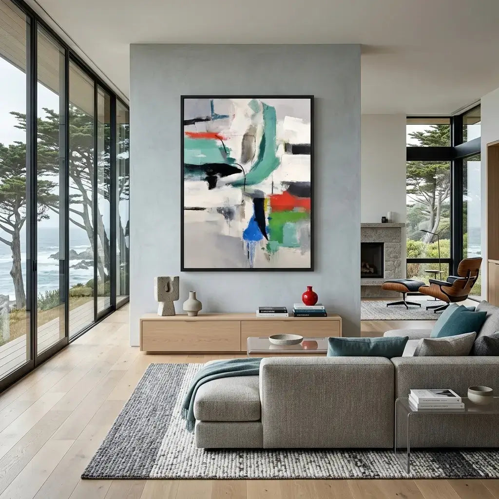 Modern living room with abstract art, sofa, and large windows overlooking a scenic view.