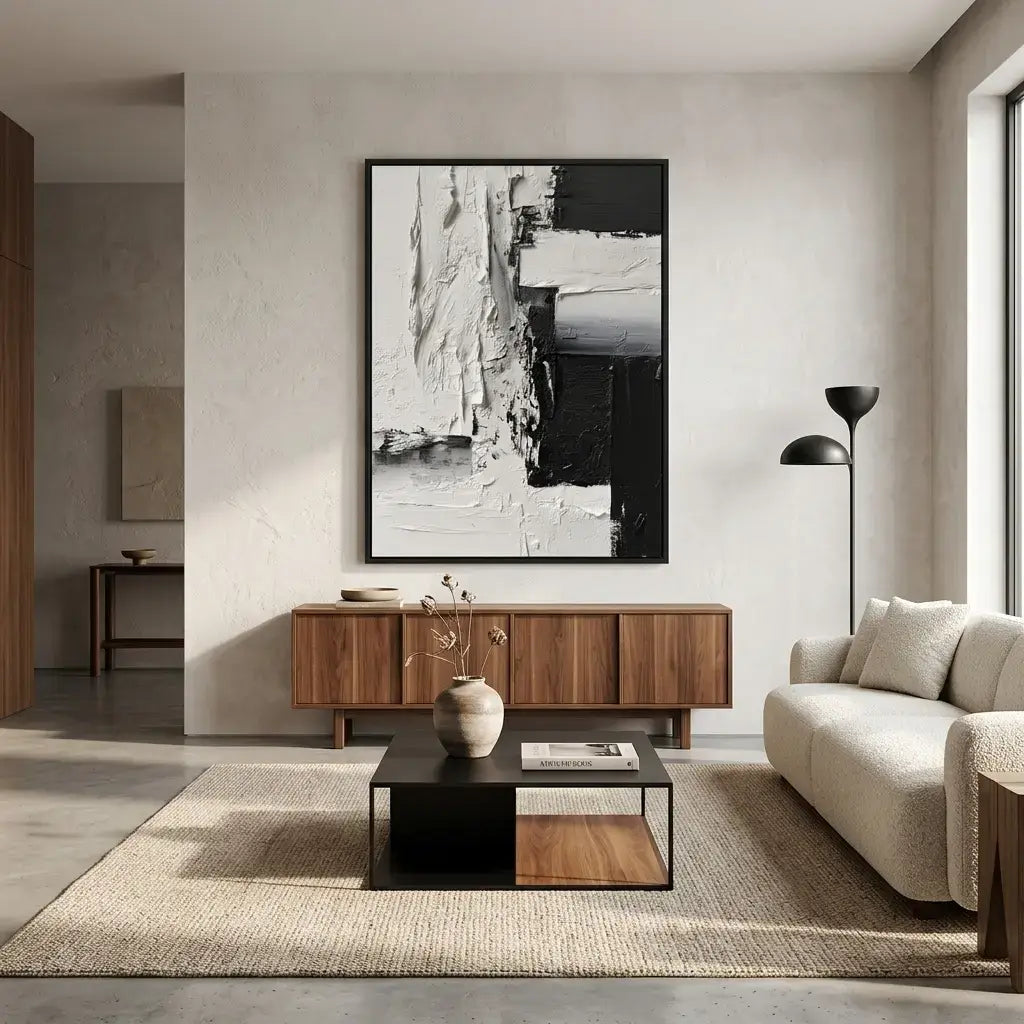 Modern living room with a wooden sideboard, sofa, and abstract art on the wall.