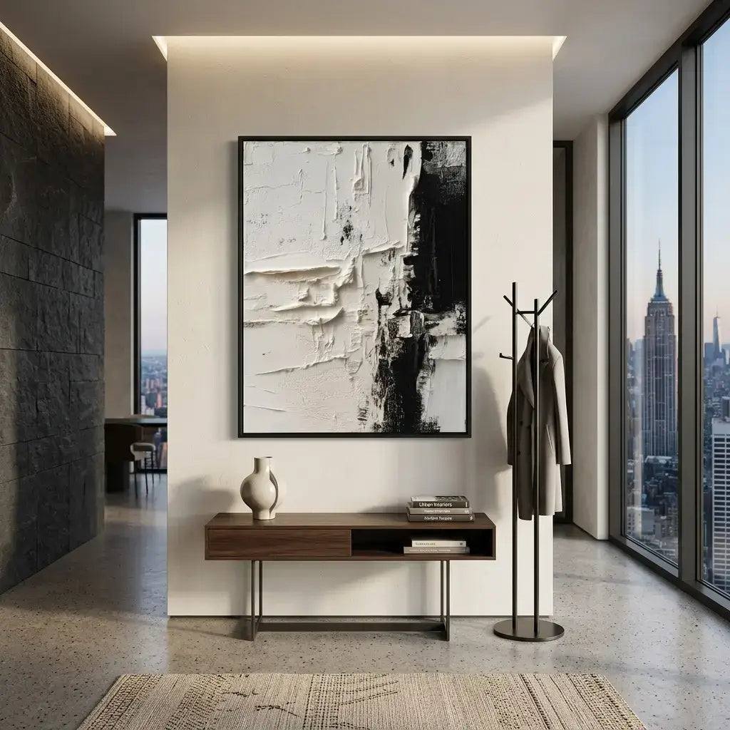 Modern interior with a coat rack, table, and abstract art on a wall.