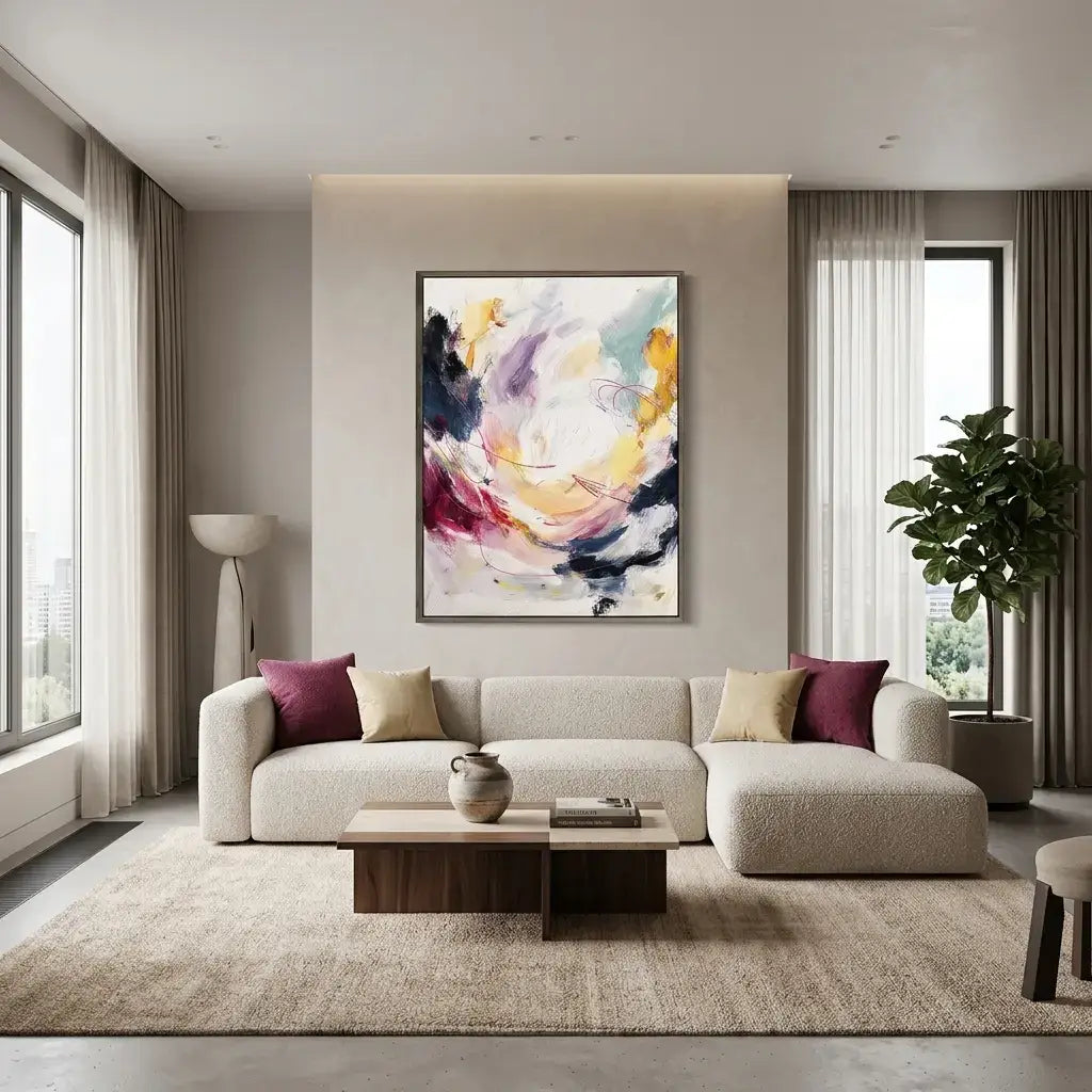 Modern living room with a colorful abstract painting on the wall, a gray sofa with cushions, and a wooden coffee table.