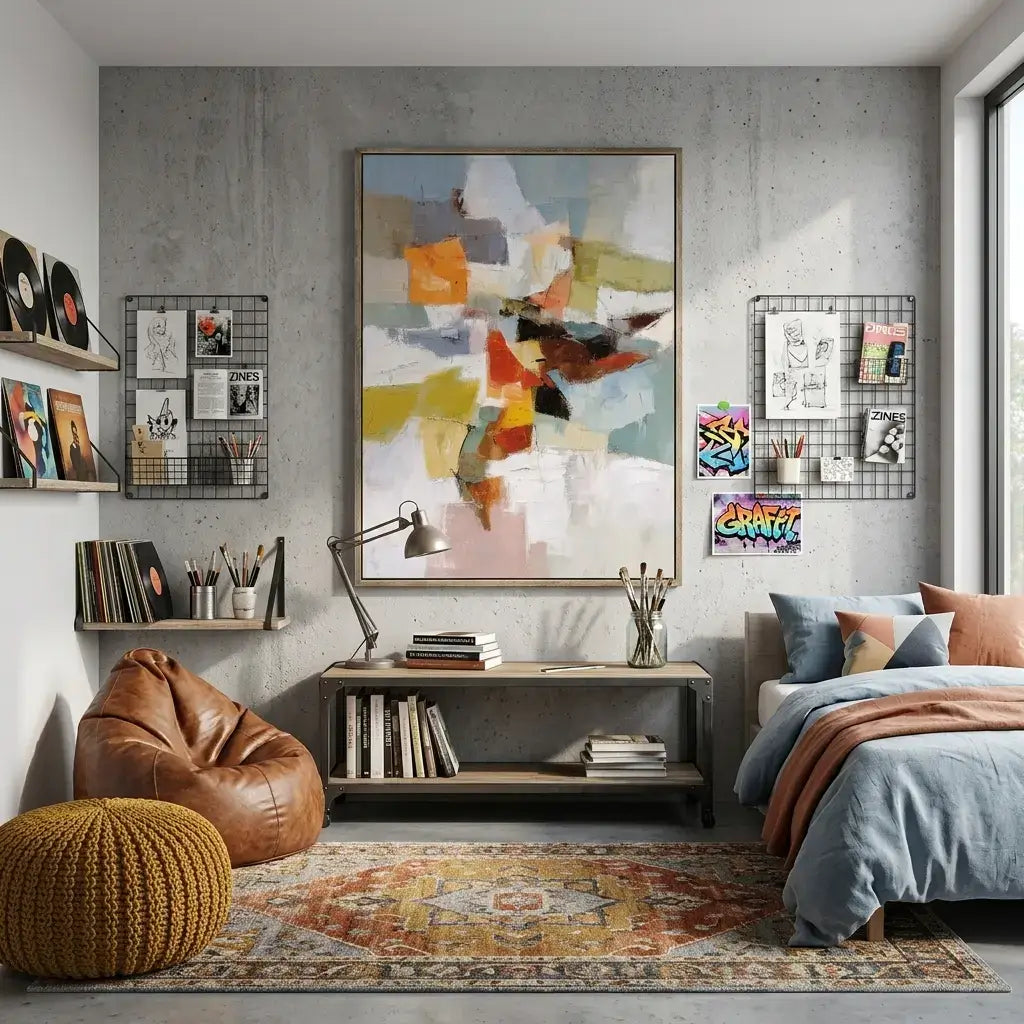 Modern living room with abstract art, shelves, and a sofa.