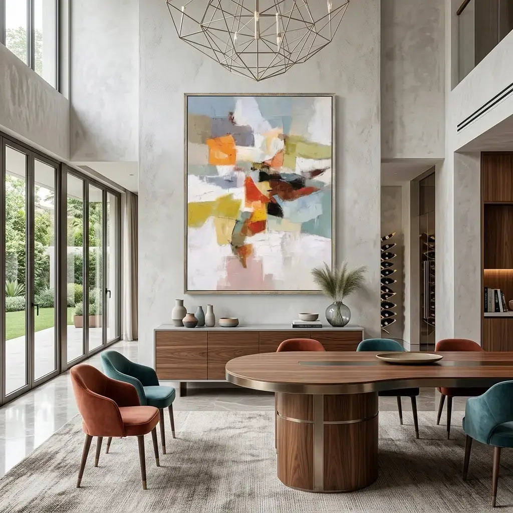 Modern dining room with a wooden table and colorful abstract painting on the wall.