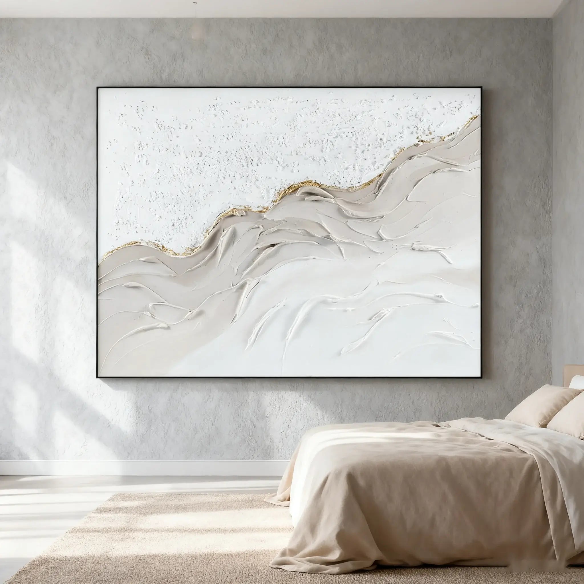 Abstract art piece on a wall in a bedroom setting