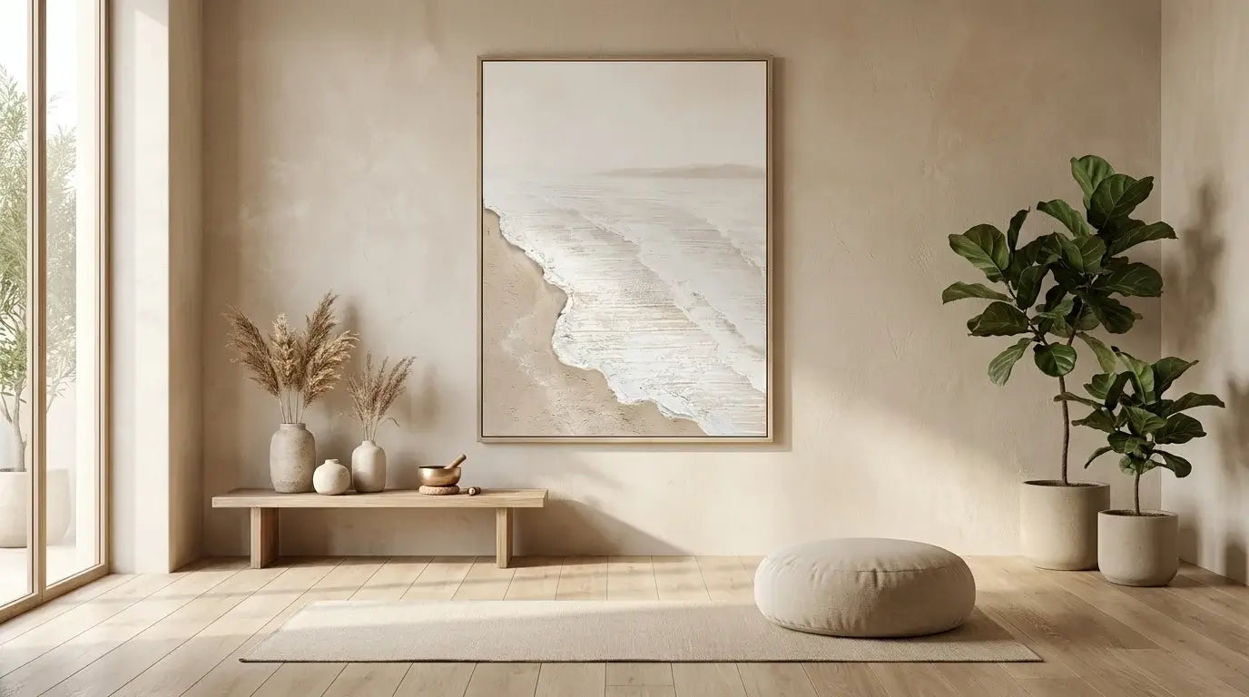 Modern interior with a wooden bench, decorative items, and a large abstract painting on a beige wall.